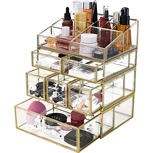 minopigo Antique Spacious Mirror Glass 6Drawers Vanity Tray Set/Gold Metal Cosmetic Makeup Storage/Stunning Jewelry Cube Organizer. It Consists of 4Separate Organizers Dustproof