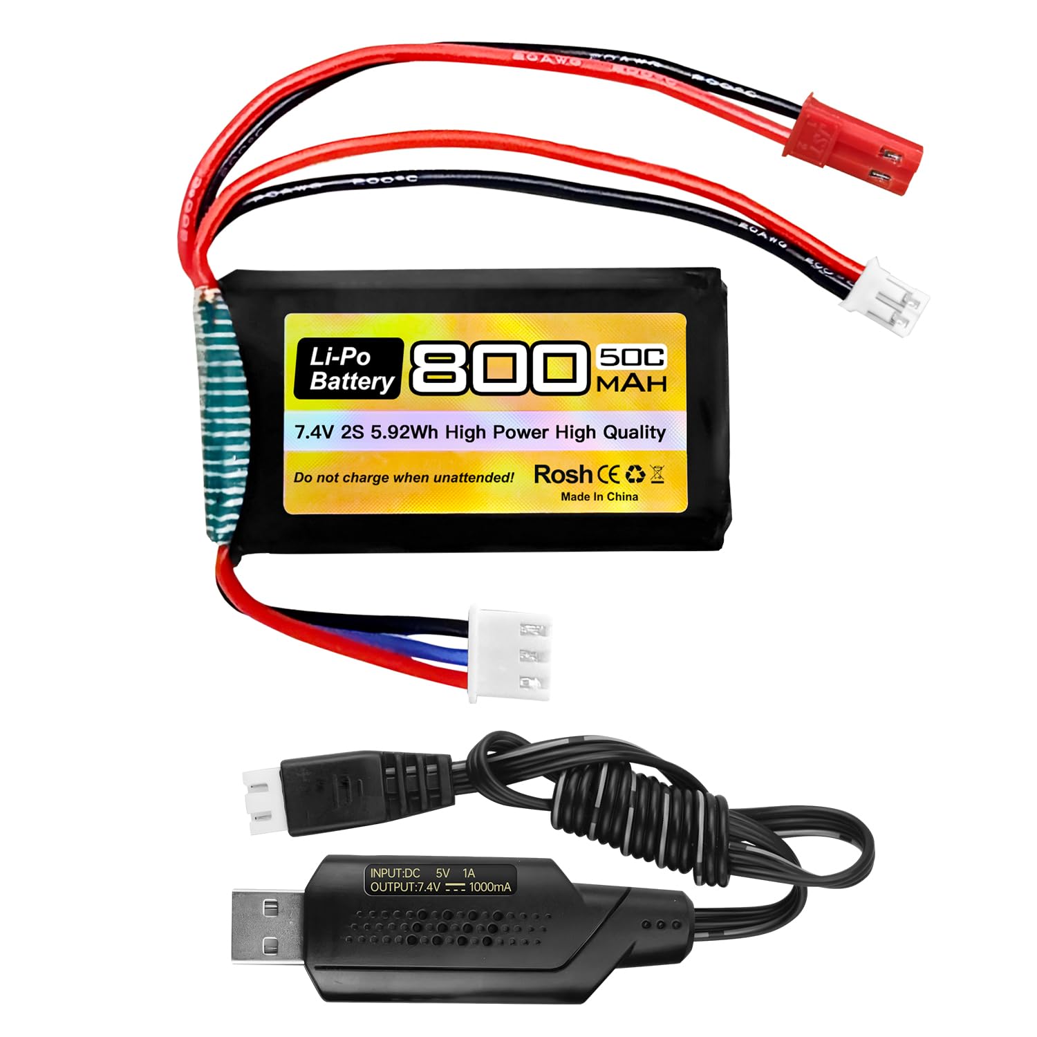 1PCS 7.4V LiPo 2S 50C 800mAh with JST and PH2.0 plug with USB charging cable for SCX24 RC Car Battery, Compatible With Most 1/10, 1/16, 1/18, 1/24 Scale RC Car, Truck And RC Drone Batteries