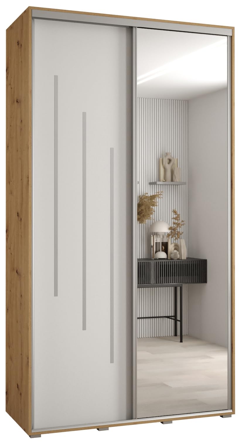 ABIKSMEBLE Davos 9 130 Armoire à Deux Portes Coulissantes pour Chambre à Coucher - Moderne Armoire de Rangement avec Miroir, Tringle et Étagères - 235,2 x 130 x 45 cm - Artisan Blanc Argent