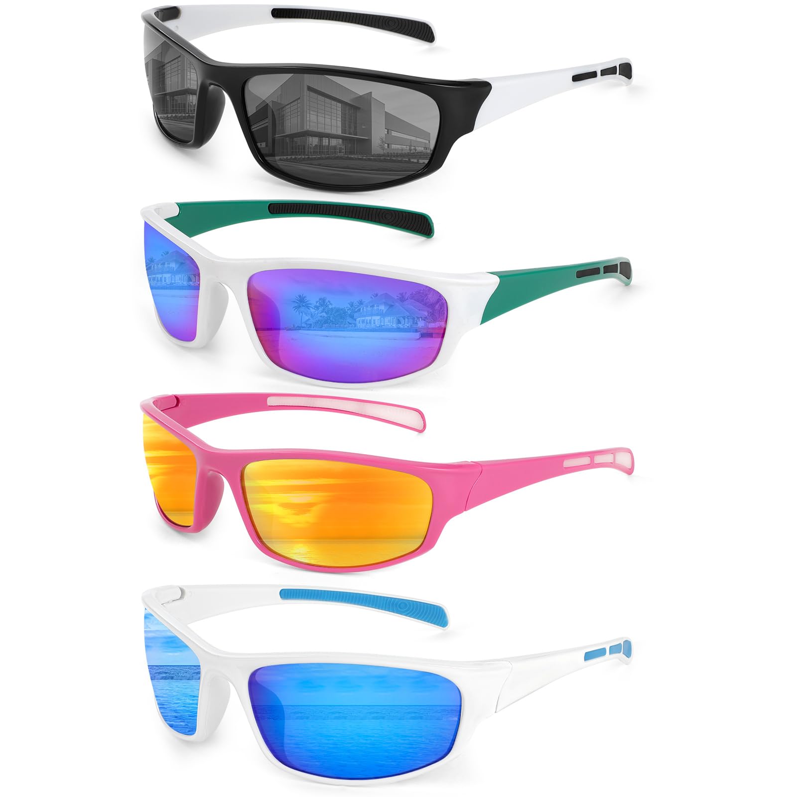Beipegin 4pcs Sports Sunglasses Mens Womens, UV400 Protection for Running Driving Fishing Cycling, Wrap Around Sunglasses for Adult Outdoor