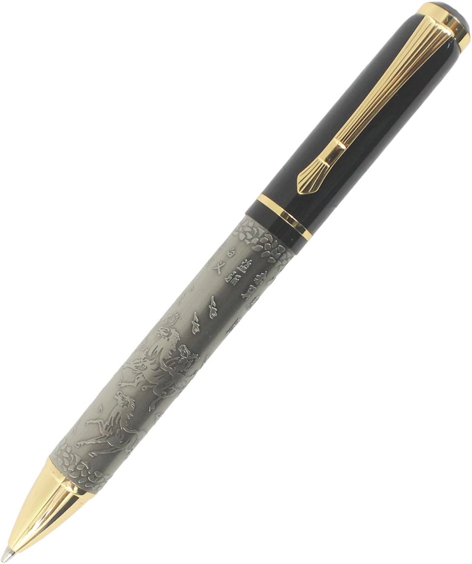 Ballpoint Pen Classic Eight Horses Embossing Pattern - Antique Silver