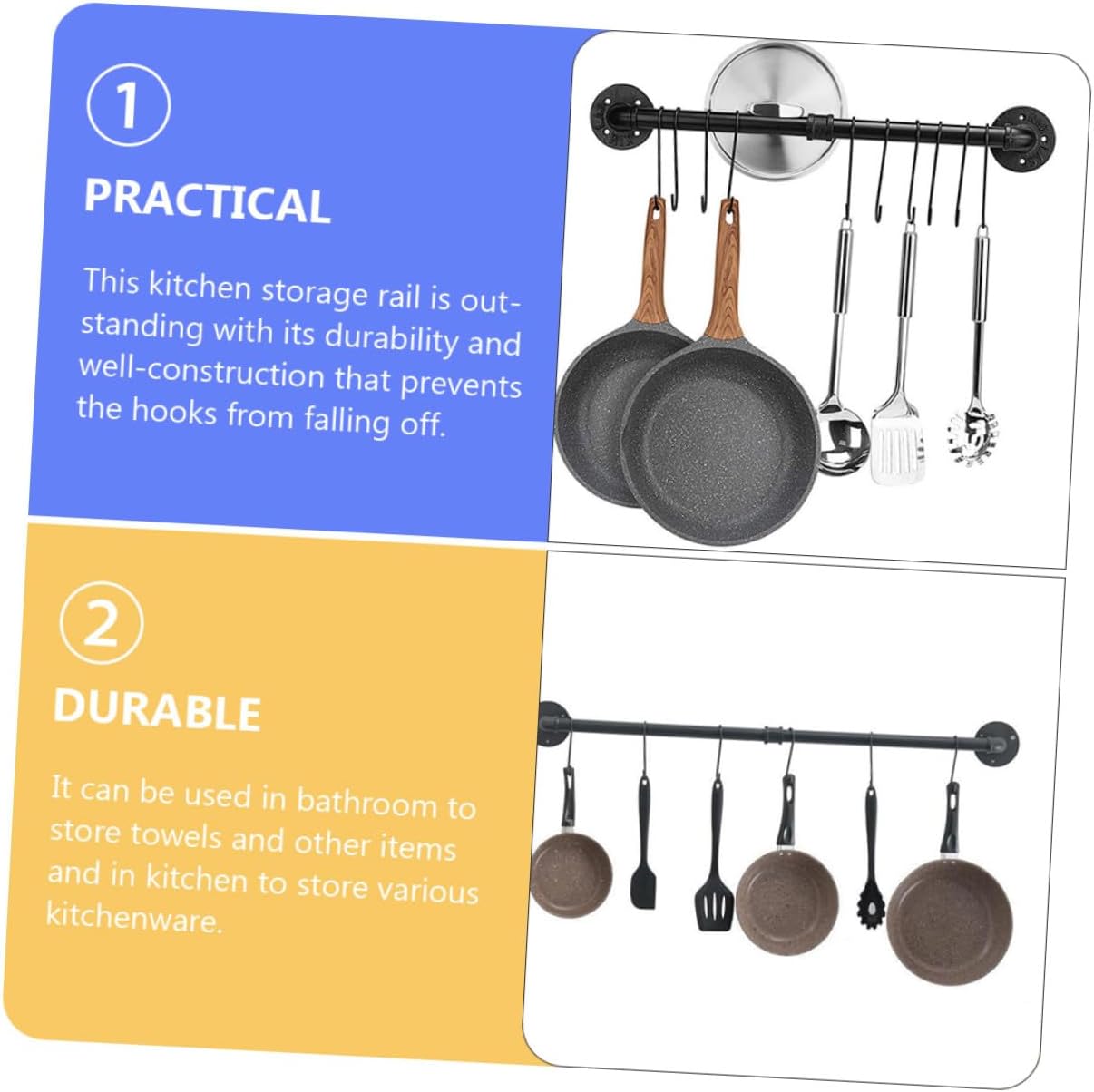 Kichvoe Wall Mounted Iron Pot Rack with Hooks 13x60cm, Kitchen Pan Storage Organizer Rail for Pots and Utensils, Space-saving Cookware Holder for Kitchen Wall
