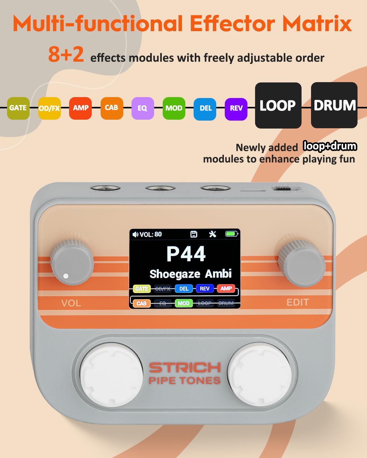 STRICH Pipe Tones Pocket Multi-Effects Processor para guitarra y bajo con 10 módulos de efectos 125 efectos Looper 40s 100 patrones de batería Interfaz de audio USB Control inalámbrico (Gris)