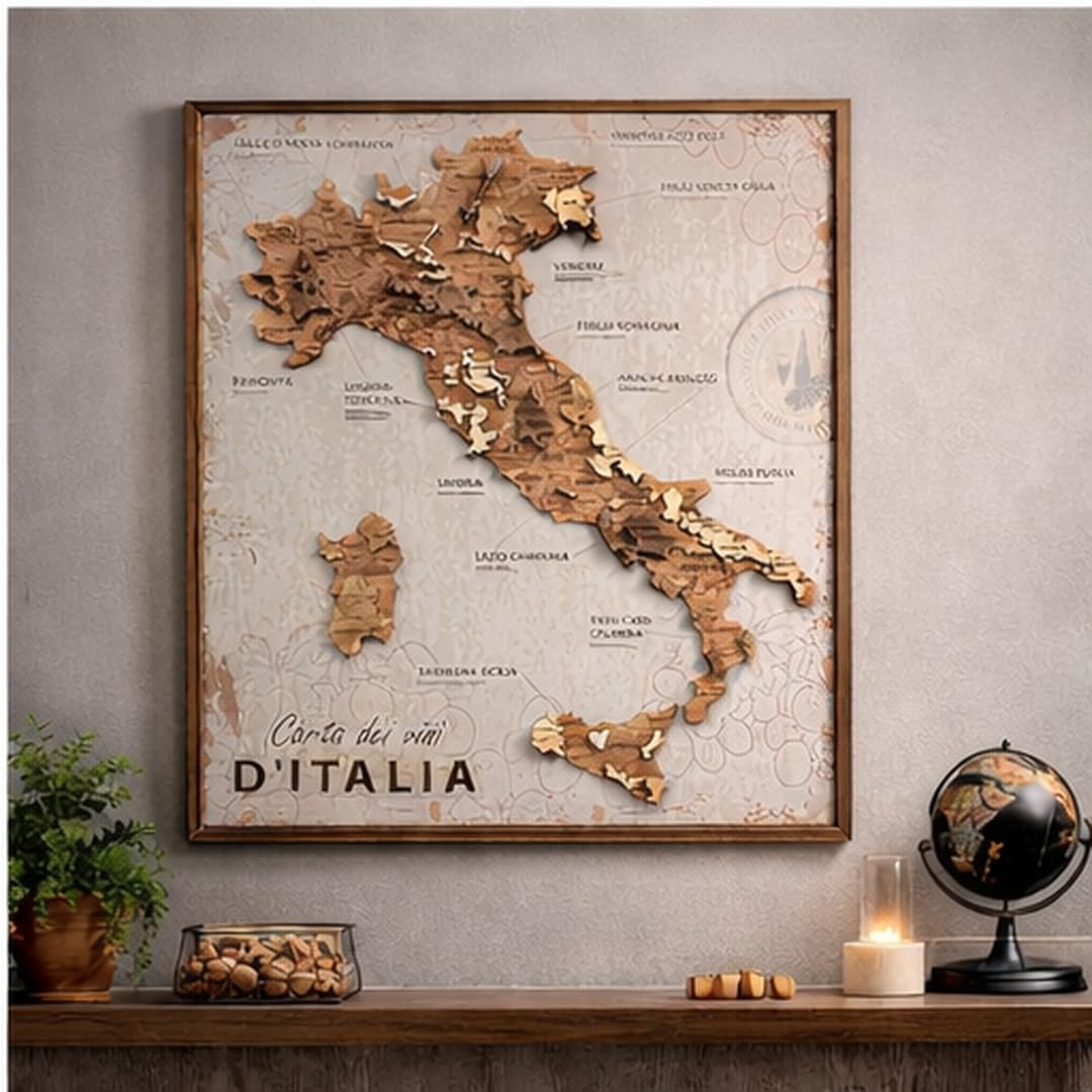 CREATIFWOOD Quadro Carta dei Vini d’Italia su Pannello in Legno – 58 x 65 cm – Mappa delle Regioni Vinicole Italiane – Idea Regalo per Amanti del Vino