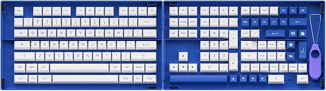 Akko Keyboard Keycaps ASA Profile, PBT Double-Shot Full Keycap Set, US Layout for Mechanical Gaming Keyboards/DIY Kit with Collection Box, ISO Enter Key (Blue & White, 197 Keys)
