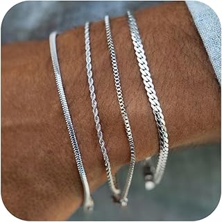 MosFlor Silver Bracelet for Men Women, Mens Bracelet Stainless Steel Bracelet Stack Cuban Link Bracelet Silver Chain Bracelet Sets Mens Bracelet Pack Silver Jewelry Custom Bracelets for Men Jewelry