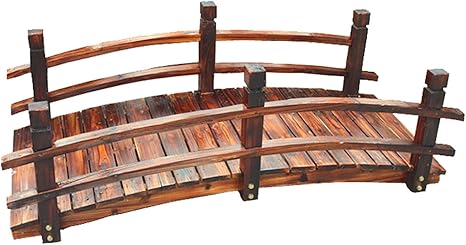 Image 4.6 FT Garden Bridge Anti-corrosion solid wood carbonized wooden bridge,Classic Wood Arc Footbridge w/Safety Rails & 450 lbs Capacity,Decorative landscape bridge Pond Bridge Outdoor Garden Creek Far