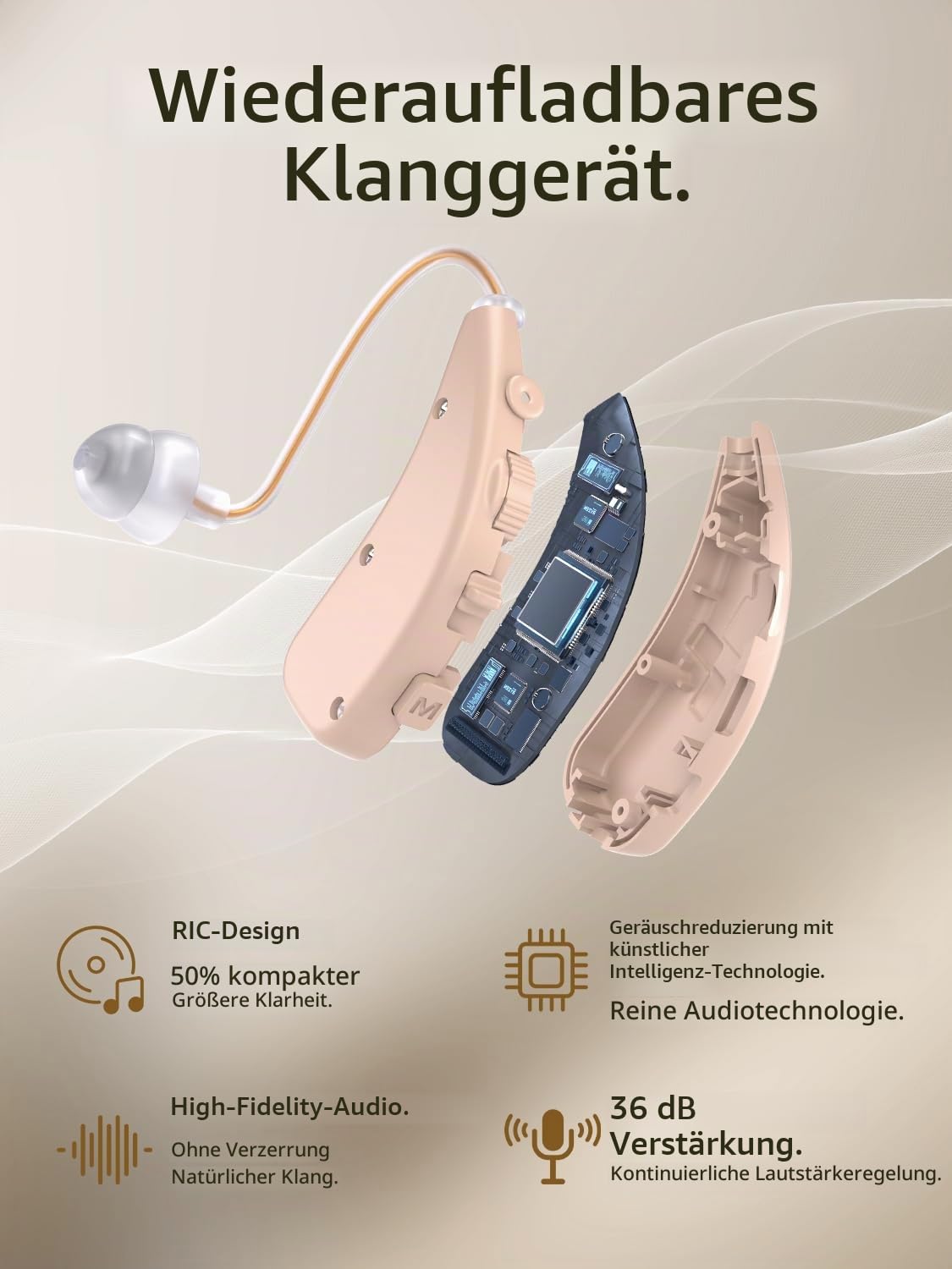 Wiederaufladbarer Tonverstärker mit Rauschfilter & Ladestation – Diskretes Audiogerät mit intelligenter Sprachverstärkung, verstellbarer Lautstärke & 35h Akkulaufzeit