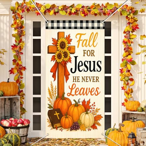 BlissYard Fall for Jesus Door Cover Thanksgiving Backdrop Pumpkin Cross Sunflower 71x35 Inch Christian Fall Banner for Autumn Decorations Sign for Porch Wall Decor Photo Booth Props