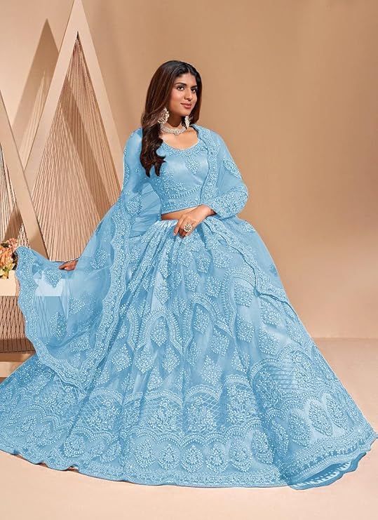 Image of ZAALIMA FASHION Women's Semi Stitched satin blend Lehenga Choli with Embroidered Pattern Unstitched Blouse and Dupatta Set | Women's Lehenga Cholis
