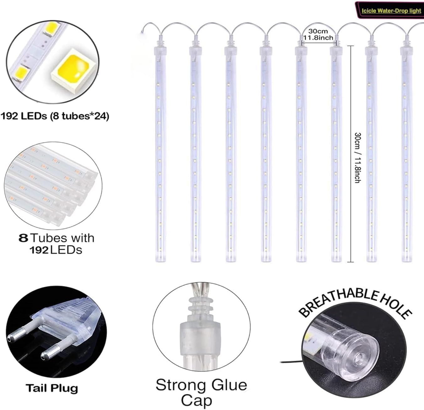 Rain Drop LED Meteor Shower 192 LEDs 8 Tubes (11.8") | Icicle Falling Effect for Diwali, Christmas, New Year, Home & Outdoor Decoration, Balcony, Tree, Party Decor (Warm White)