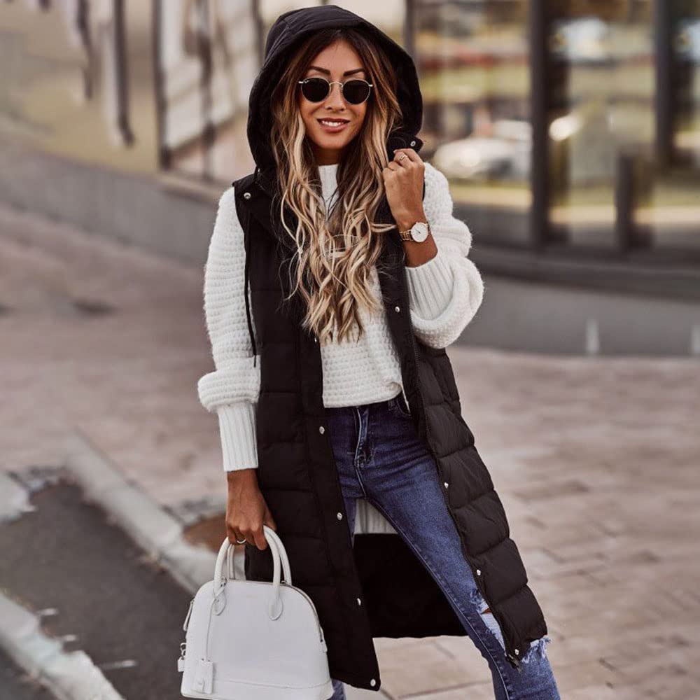 Gilet Lungo in Piumino Da Donna Giacca Panciotto Zip Up Tasche Senza Maniche Outwear Cappotto Zipper Gilet Di Piuma Parka Maglia Autunno Invernale,Nero,L