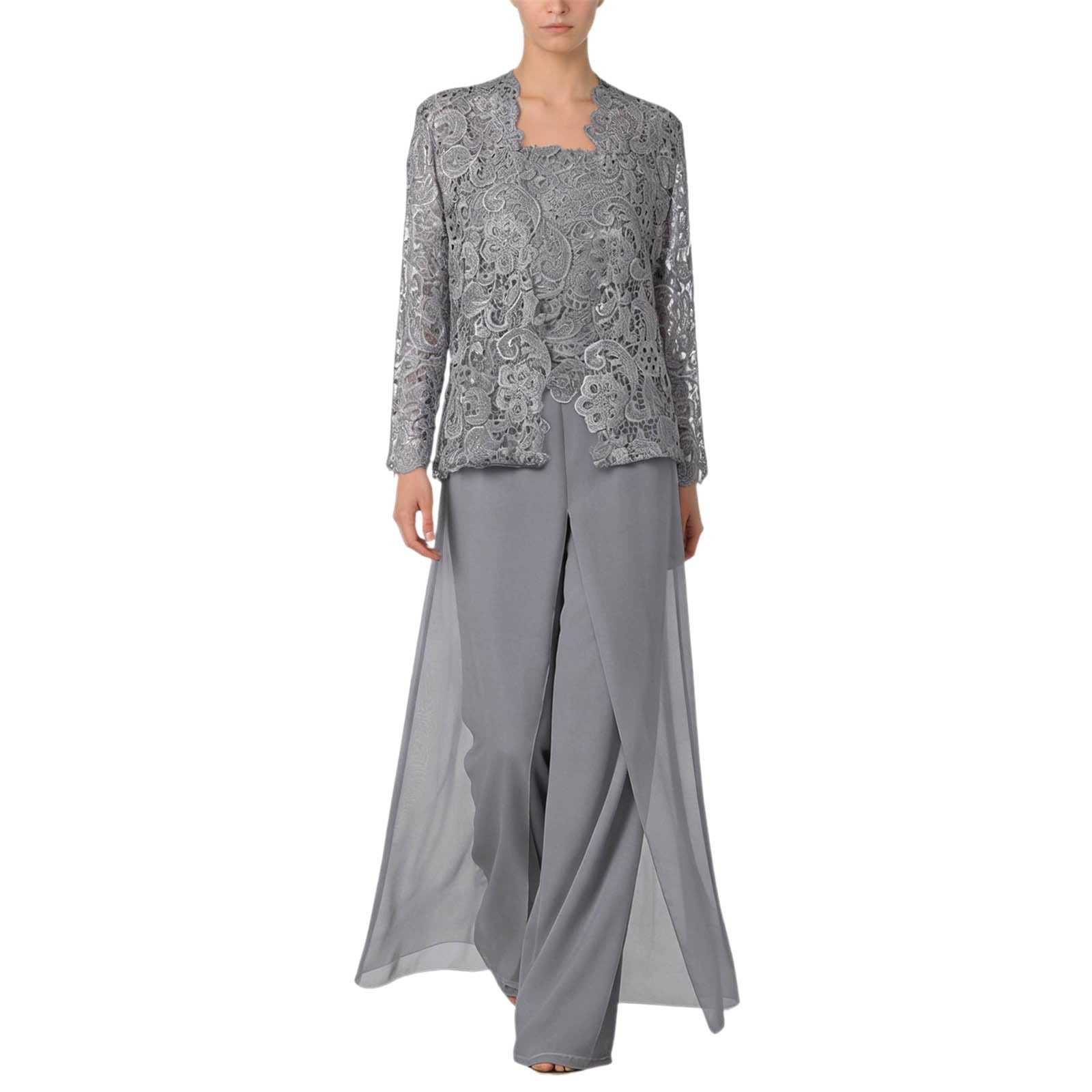 Generisch Combinaison 3 pièces pour femme - En mousseline de soie - Pour mère de la mariée - Combinaison élégante - Combinaison de fête avec veste en dentelle - Tenue de cocktail élégante