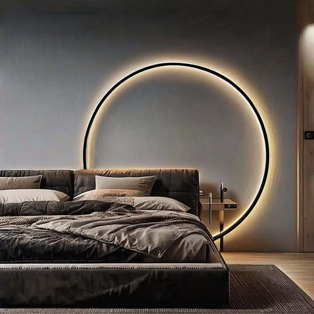 DESHOME Kreis Wandleuchte 100cm Schwarz Rund Wandlampe 3 Lichtfarben+10 Helligkeiten Innen LED Indirekte Beleuchtung Minimalistische Ring Lampe Wand mit USB-Betrieb, für Wohnzimmer-Sofa Büro Geschäft