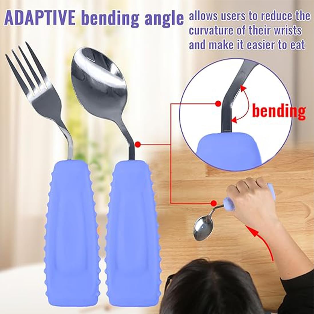Utensilios adaptativos, cubiertos en ángulo pesados, ayuda para Parkinson, juego de cuchara y tenedor curvados antideslizantes de fácil agarre para temblores, discapacitados, discapacitados,