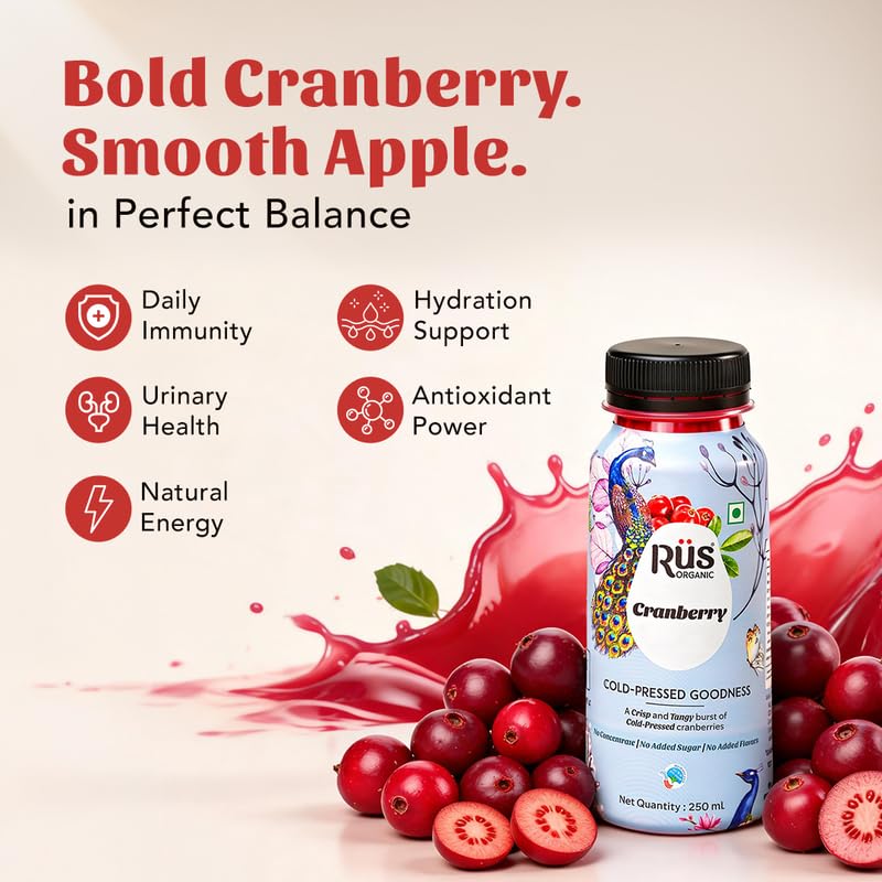 Image of Rus Organic Apple Cranberry Juice | Cranberry & Apple Juice | Natural & Cold-Pressed | Pack of 6 (250ml Each) | Refreshing Sugar Free Drinks | No Preservatives | Rich in Antioxidants