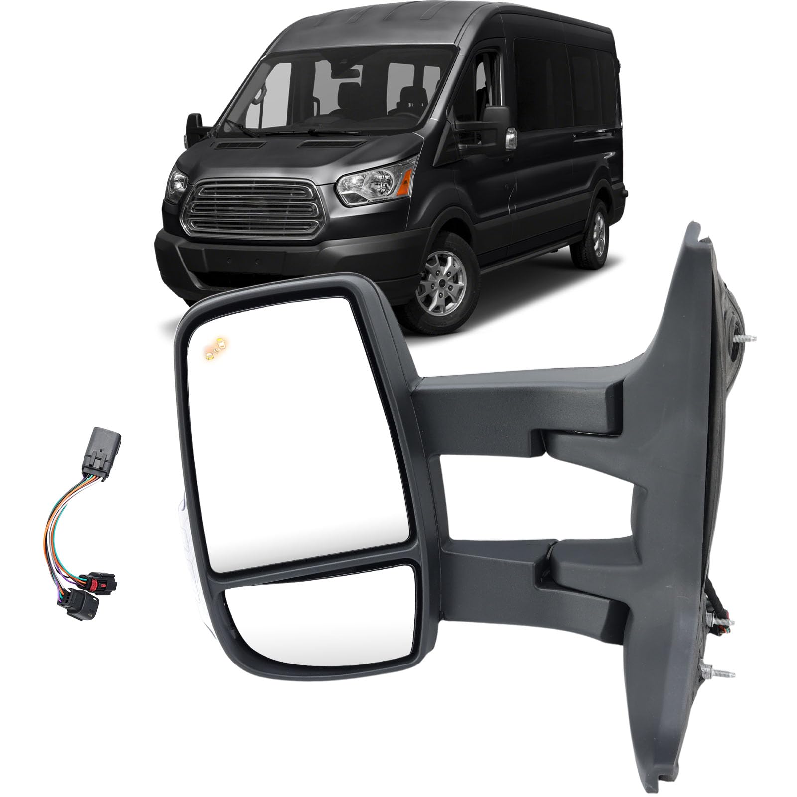 Photo 1 of vefix Left Driver Side Mirror Long Arm Compatible with 2015-2025 Ford Transit 150 250 350 350HD Left Side Rear Door Mirror with Signal Light and Blind Spot Sensor