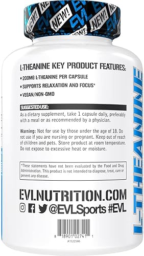 Miniatura 3 de Evlution L Theanine 200mg Cápsulas para la concentración y la relajación Nutrición L-teanina 200mg Suplemento nootrópico para atención y energía -