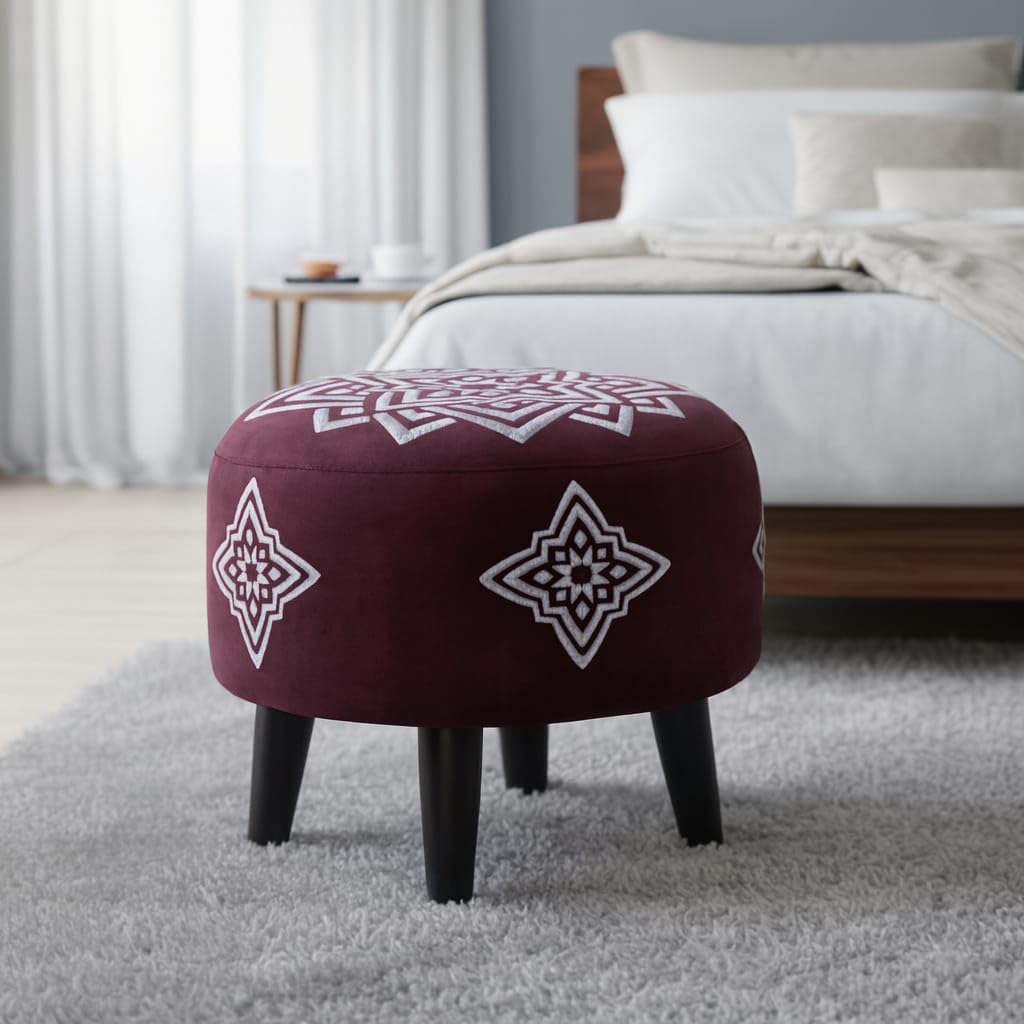 Jaico Round Ottoman with Moroccan-Inspired Geometric Pattern – Upholstered Footstool with Wooden Legs, Beige and Brown Accent Stool for Living Room or Bedroom Pack of 2. (Maroon) 2