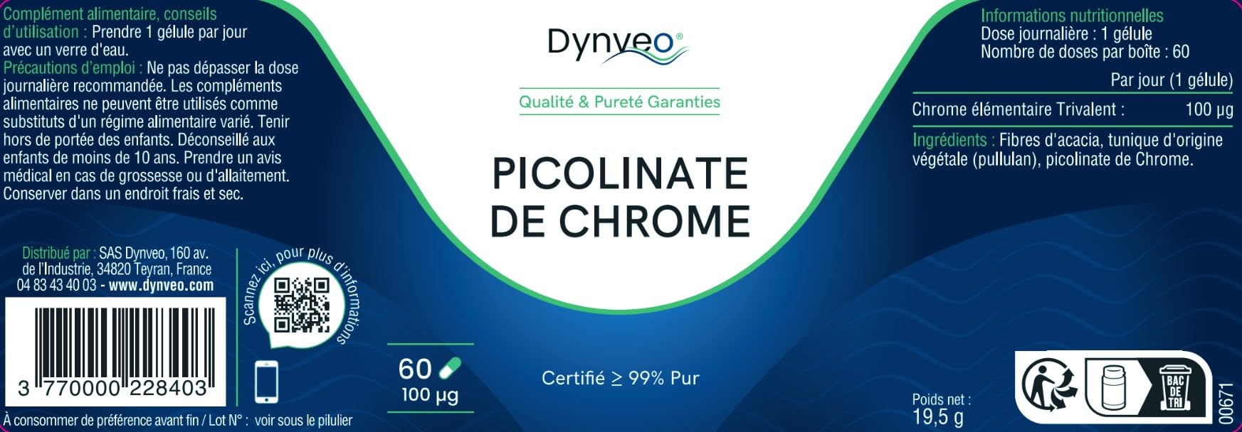 Picolinate de Chrome Pur 100 µg - Glycémie & Métabolisme Normal - Pureté >99% USP & EP 7.0 - Biodisponibilité ×3 Supérieure - 60 Gélules (1 Gélule/Jour = 2 mois) - Dynveo