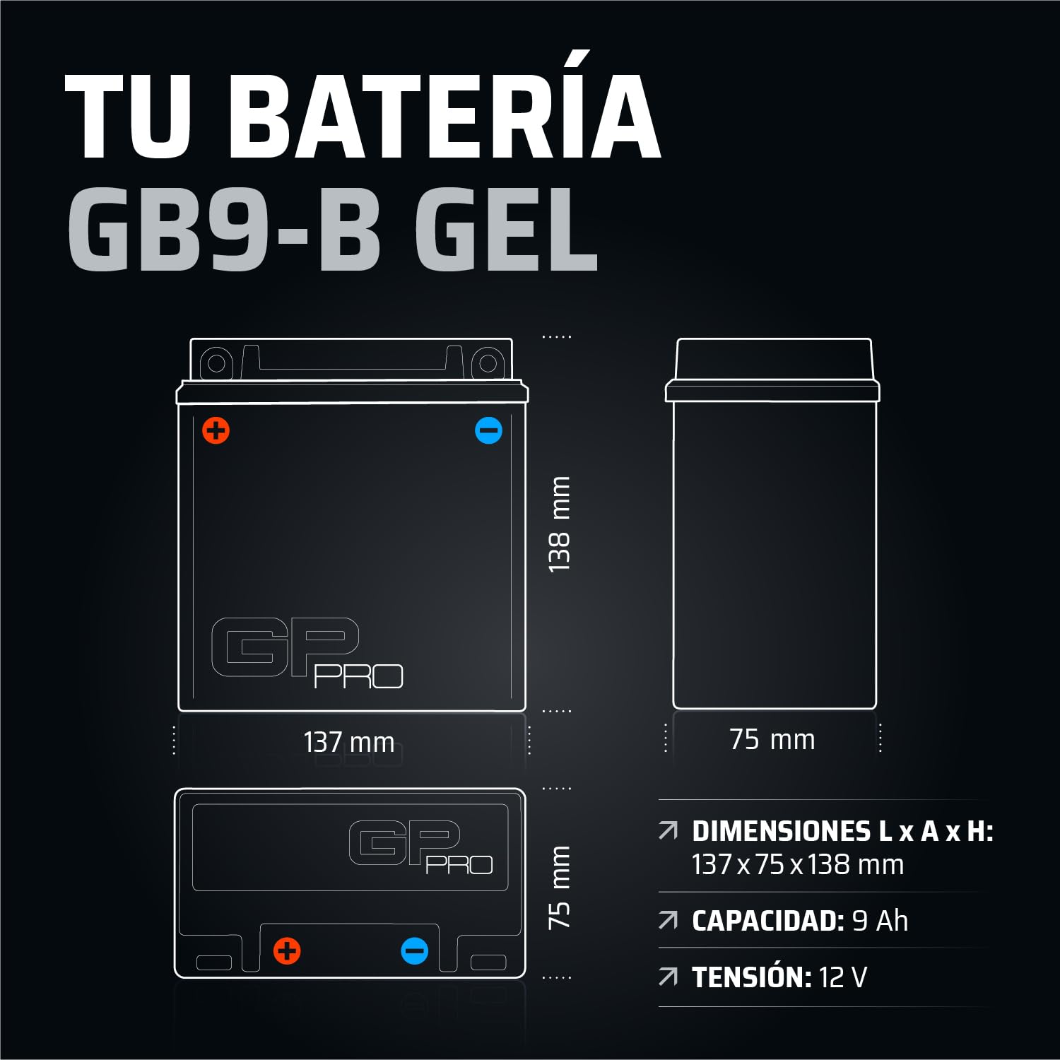 GP-PRO GB9-B - Batería de arranque para scooter y motos, 12V, 9Ah, parecido a YB9-B / 50914, sin necesidad de mantenimiento