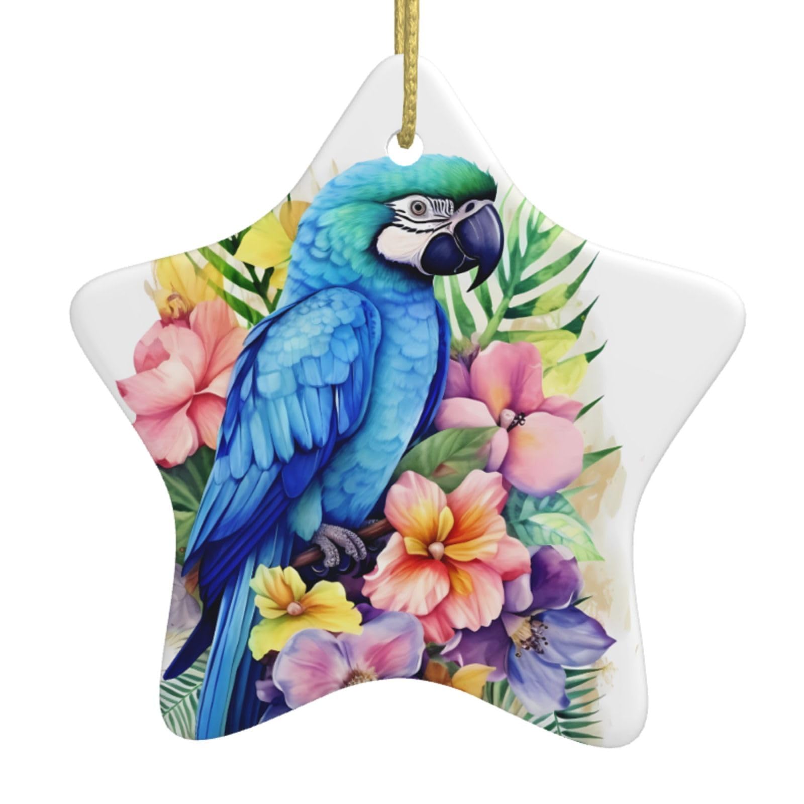 Ceramic Christmas Tree Hanging Ornaments with Gold Ropes Christmas Tree Decorations Star Ceramic Blue Parrot in Flowers Pendant Keepsake Decorations for Holiday Xmas Gift Ideas