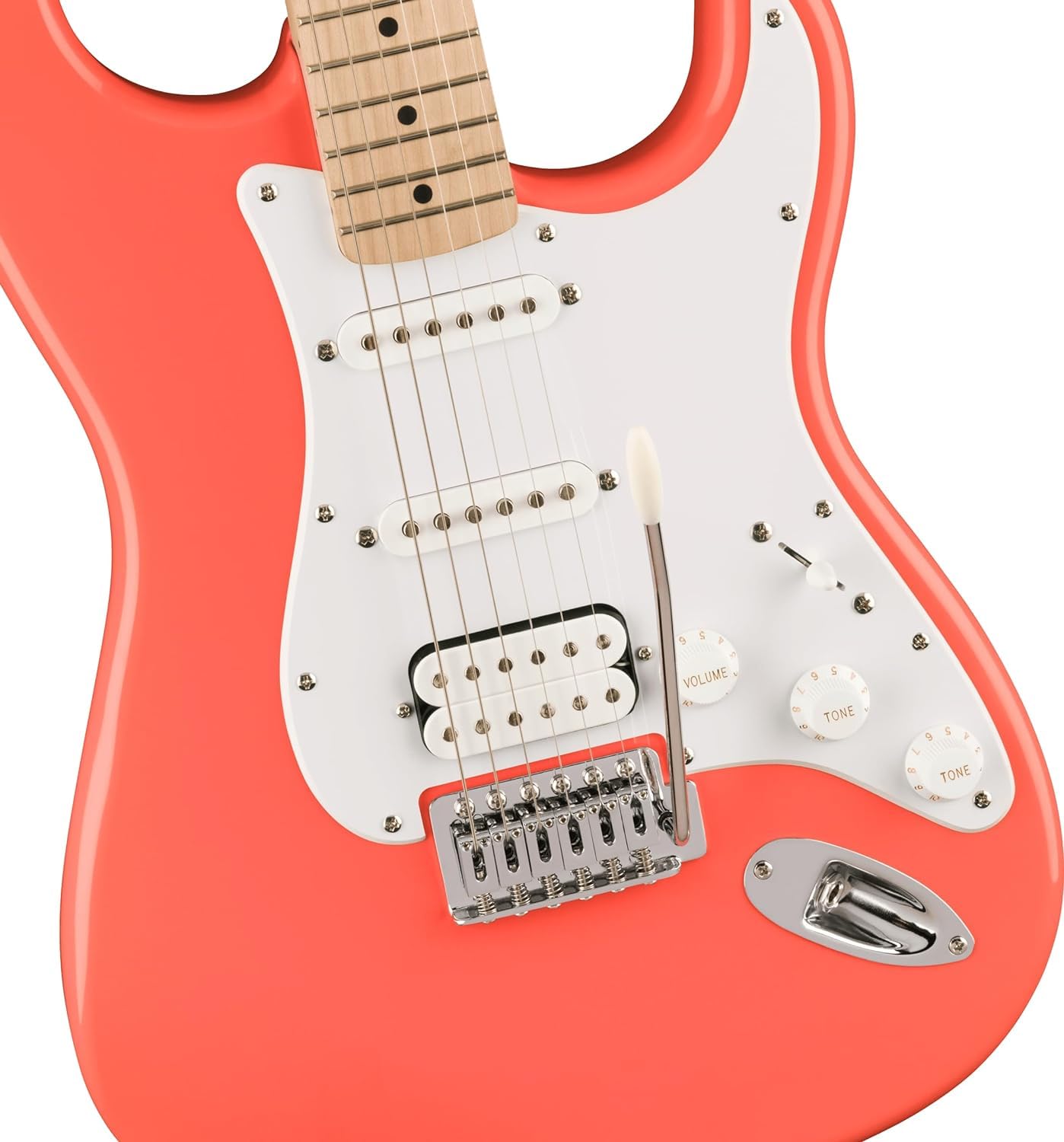 Fender Squier 6 String Solid-Body Maple Electric Guitar With Gig-Bag, Polishing Cloth, Strap, Picks & E-Book - Tahitian Coral - Image 4 thumbnail