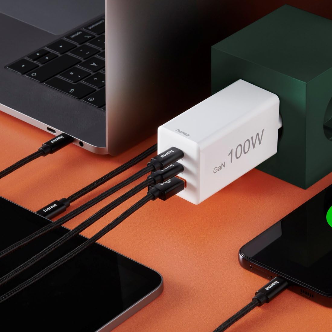 Hama | Cargador rápido de Pared Universal. (Tecnología GAN 100w, 2X USB c Power Delivery, 1x USB a Quick Charge, Carga simultánea 3 Dispositivos) Blanco.
