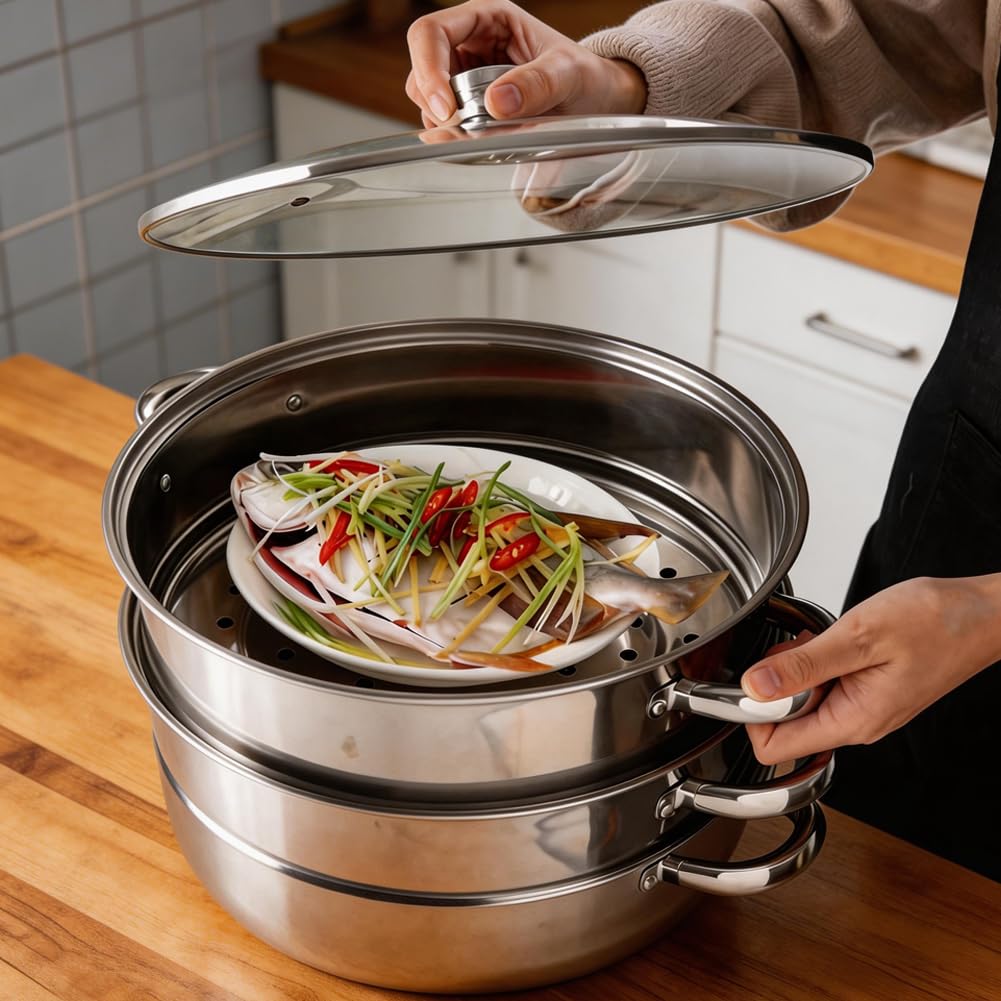 Cacerola de 28 cm de acero inoxidable para cocinar al vapor, sartén de 3 niveles con tapa, olla para cocinar verduras, mariscos, sopas, guisos y pasta