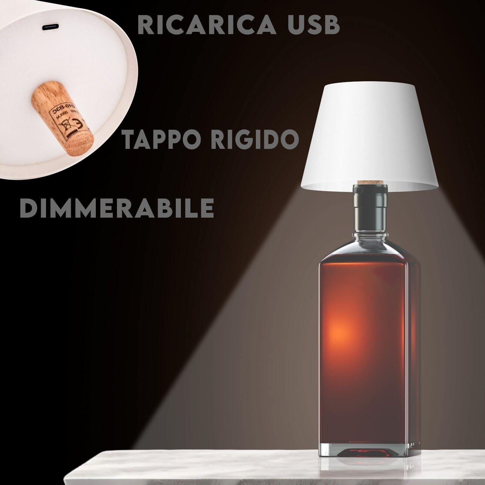 MAKA Lampada per Bottiglia con Tappo in Sughero Luce Tavolo Scrivania senza Fili 3 Temperature Luce Calda Naturale Fredda 200 Lumen 7 Ore Autonomia Ricarica USB IP20 Luminosa Bar Ristorante (Nero