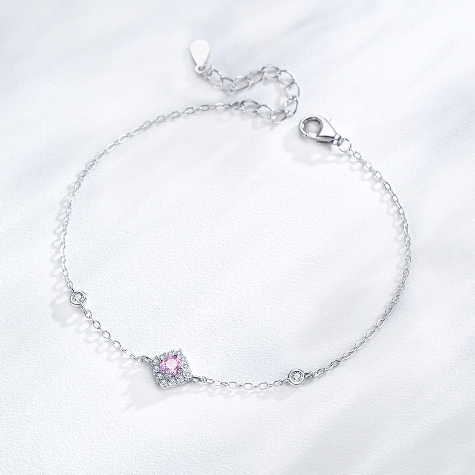 Pulsera Mujer de Oro Blanco de 9Kilates / 14Kilates / 18Kilates, Rombo y Redondo con Diamante Creado y Moissanita, Cadena Extensible 16 CM + 5 CM, Pulseras Ajustable Mujer Plata Rosa
