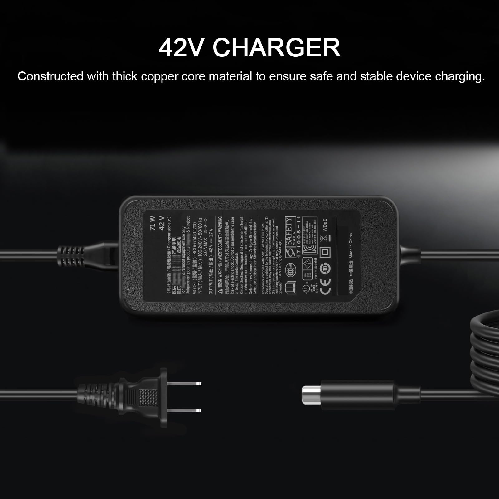 42V 1,7A Chargeur Alimentation pour Segway Ninebot ES2/ES3 Plus/ES4 D18 D28 D38 D40 E22 E25 E45D F20 F30 F40 F25 ES1 ES2 ES3 ES4 Segway Ninebot F2 E2 Pro Chargeur (Non 53,6 V/54,6 V)