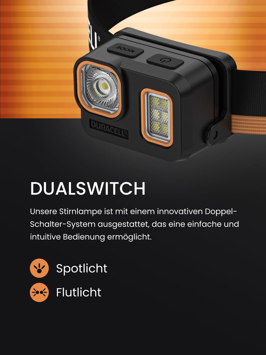 Duracell Lampe frontale LED DH500R Core – 500 lumens, focalisable, portée de 40 m, fonction lumière rouge, rechargeable USB-C, batterie au lithium, différents modes d'éclairage, ergonomique
