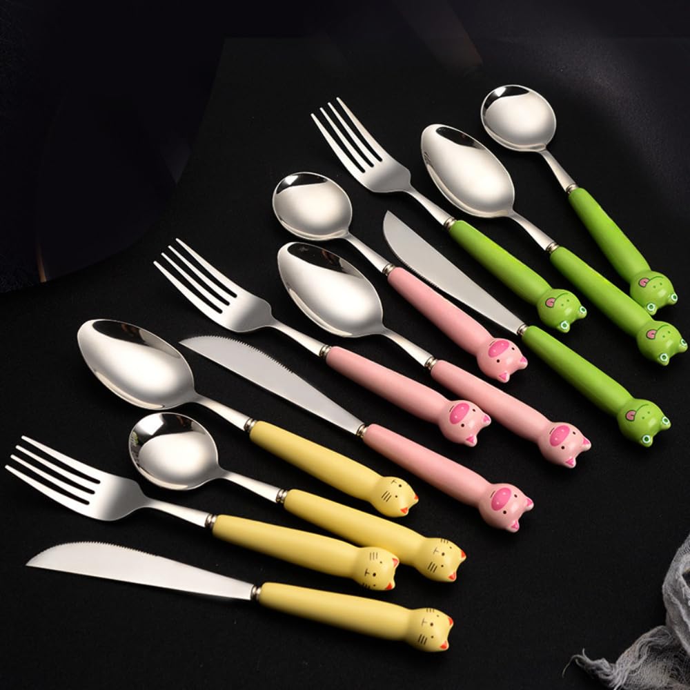 Cartone Animato Animale Ceramica Manico Cucina Acciaio Inox Argenteria Stoviglie Posate Set Bistecca Coltello Forchetta Cucchiaio Cucchiaino (Maiale carino,16 pezzi)