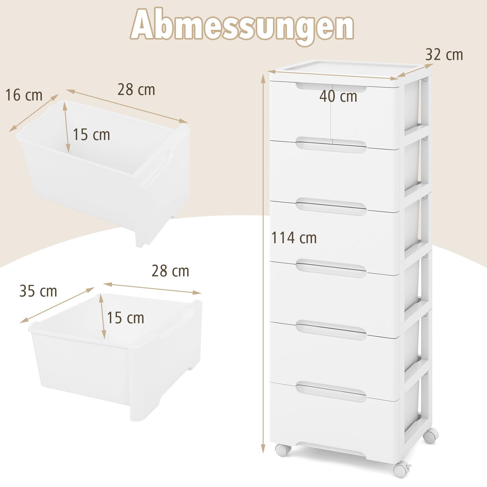 COSTWAY Nischenschrank vertikal Aufbewahrungsschrank, Kommode mit Schubladen, universellen & arretierbaren Rollen, Badrollwagen für Wohnzimmer Büro Salon, Weiß (7 Schubladen)