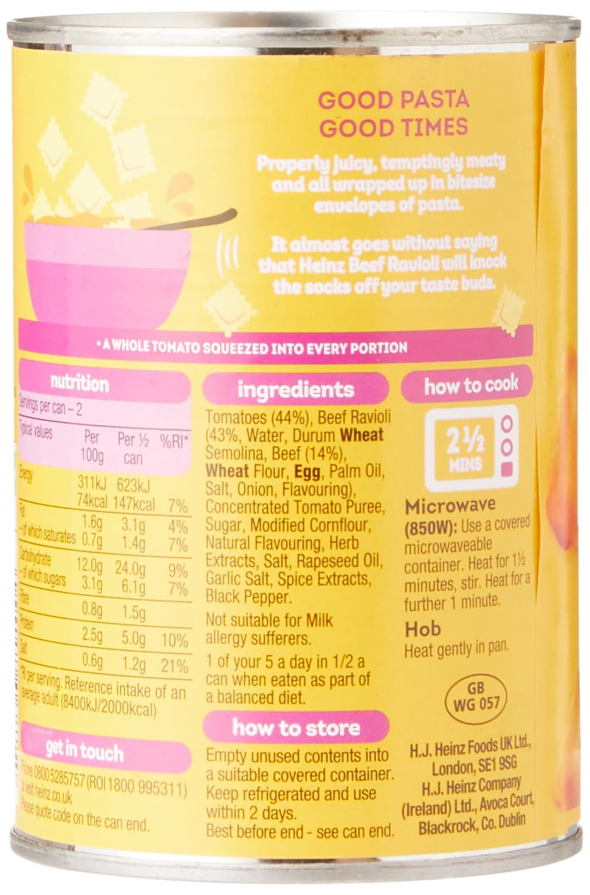HEINZ Lot de 6 raviolis de bœuf, 400 g (lot de 6) – Ravioli de pâtes fraîchement fabriquées dans une sauce tomate juteuse