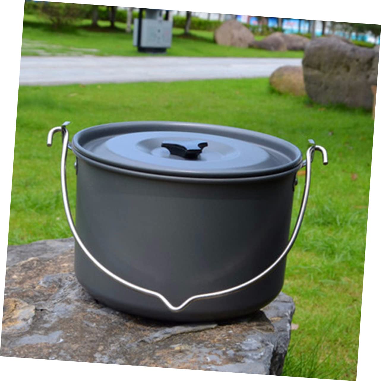 POPETPOP Casserole Suspendue de Camping en Alliage D’Aluminium 5-8 Personnes Poignée Pliable Antidérapante pour Vaisselle de Plein Air Randonnée Pique-niques