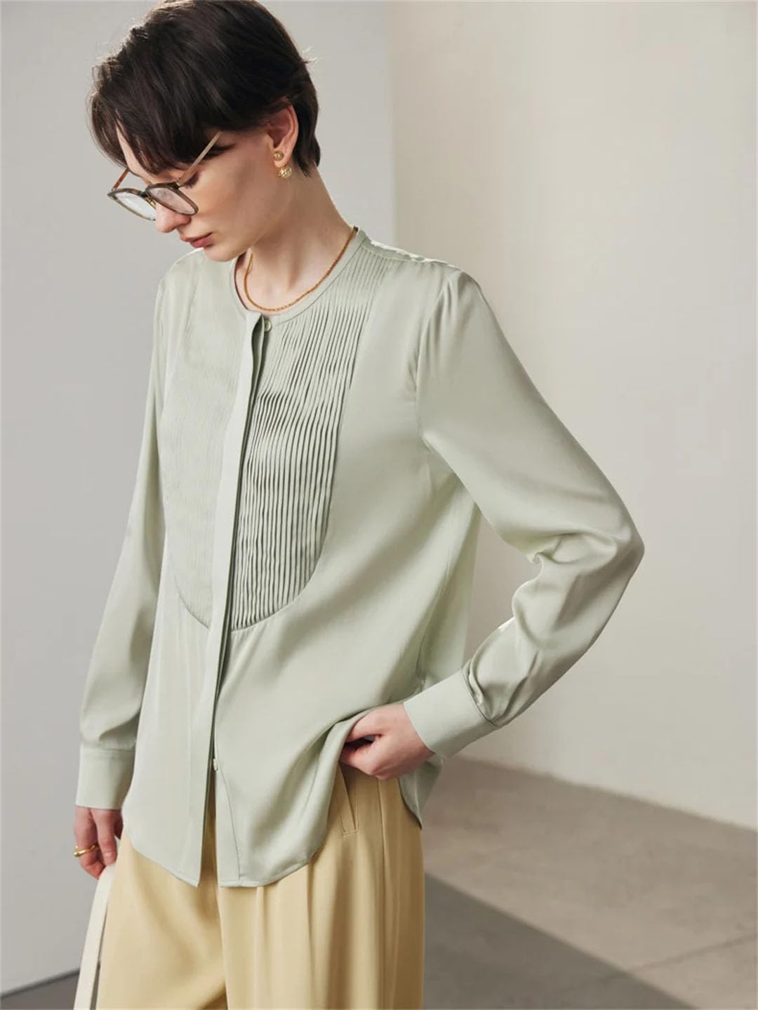 Camisas formales de negocios para mujer, plisadas, de manga larga, de seda satinada, para el trabajo