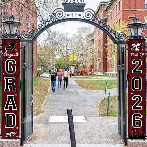 Image of Graduation Banner 2026 Graduation Decorations Maroon and Black Grad Banner Porch Sign Class of 2026 Door Decor Congrats Hanging Backdrop Maroon Grad Party Decor for School Congratulations Supplies