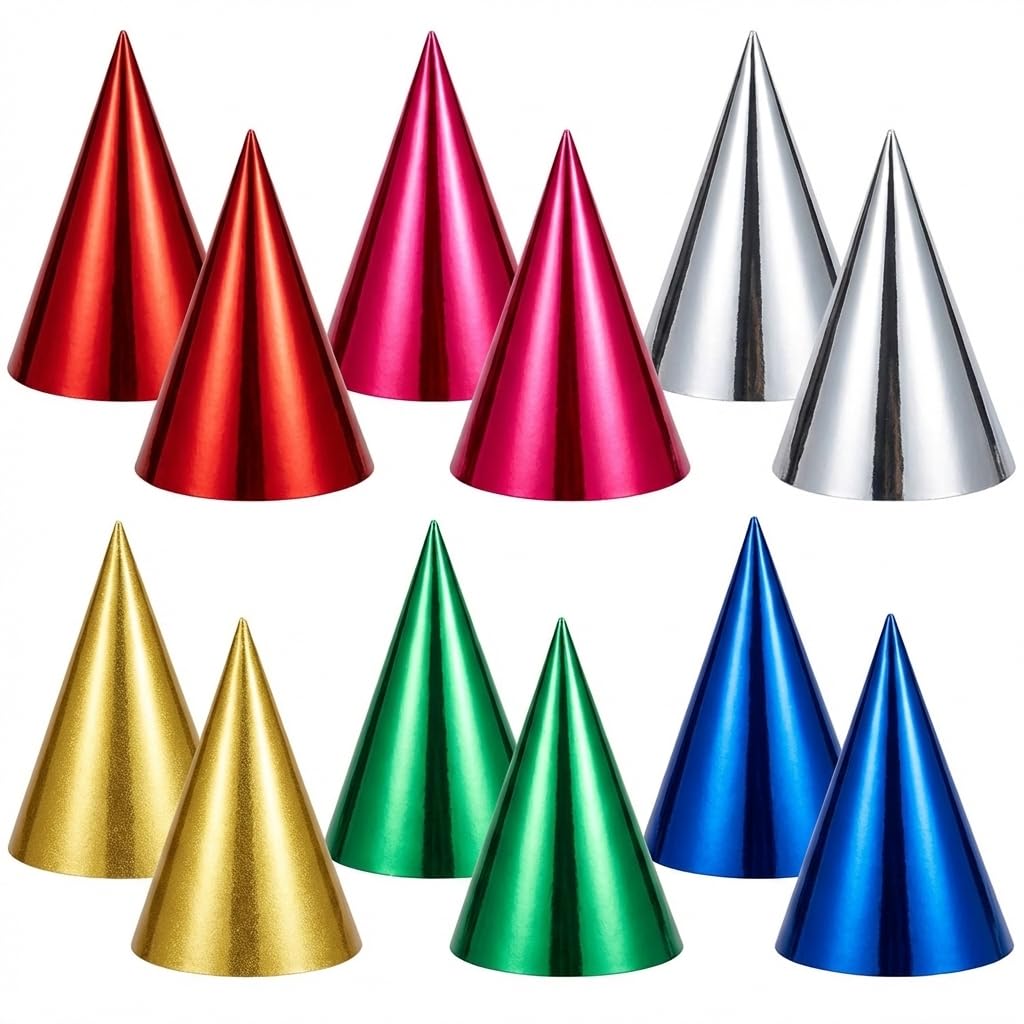 ALLGAYER 12 Pcs Party Hats for Adults, Multicolor Metallic Foil Birthday Hat, Mini Paper Cone Hats with Elastic Strap for Celebrations, New Year, Wedding, Photo Props Decoration, 6 Shimmering Colors