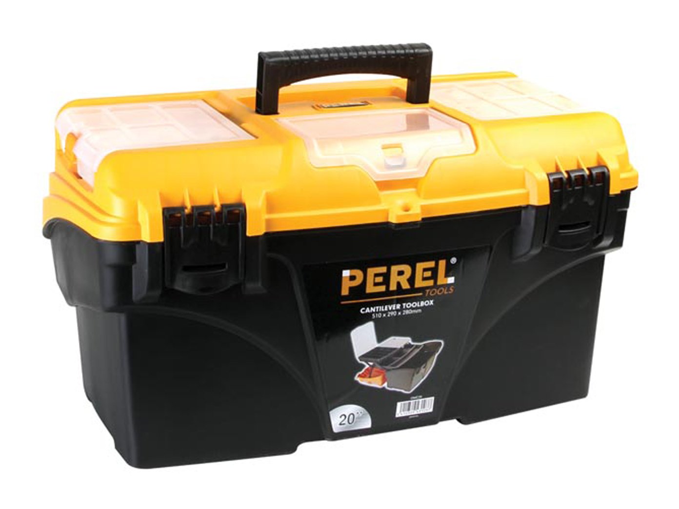 Perel Boîte à outils, polypropylène, avec système cantilever, 1 organiseur dans le couvercle et 2 plateaux porte-outils dans le couvercle, poignée rabattable et prises latérales, fermetures en