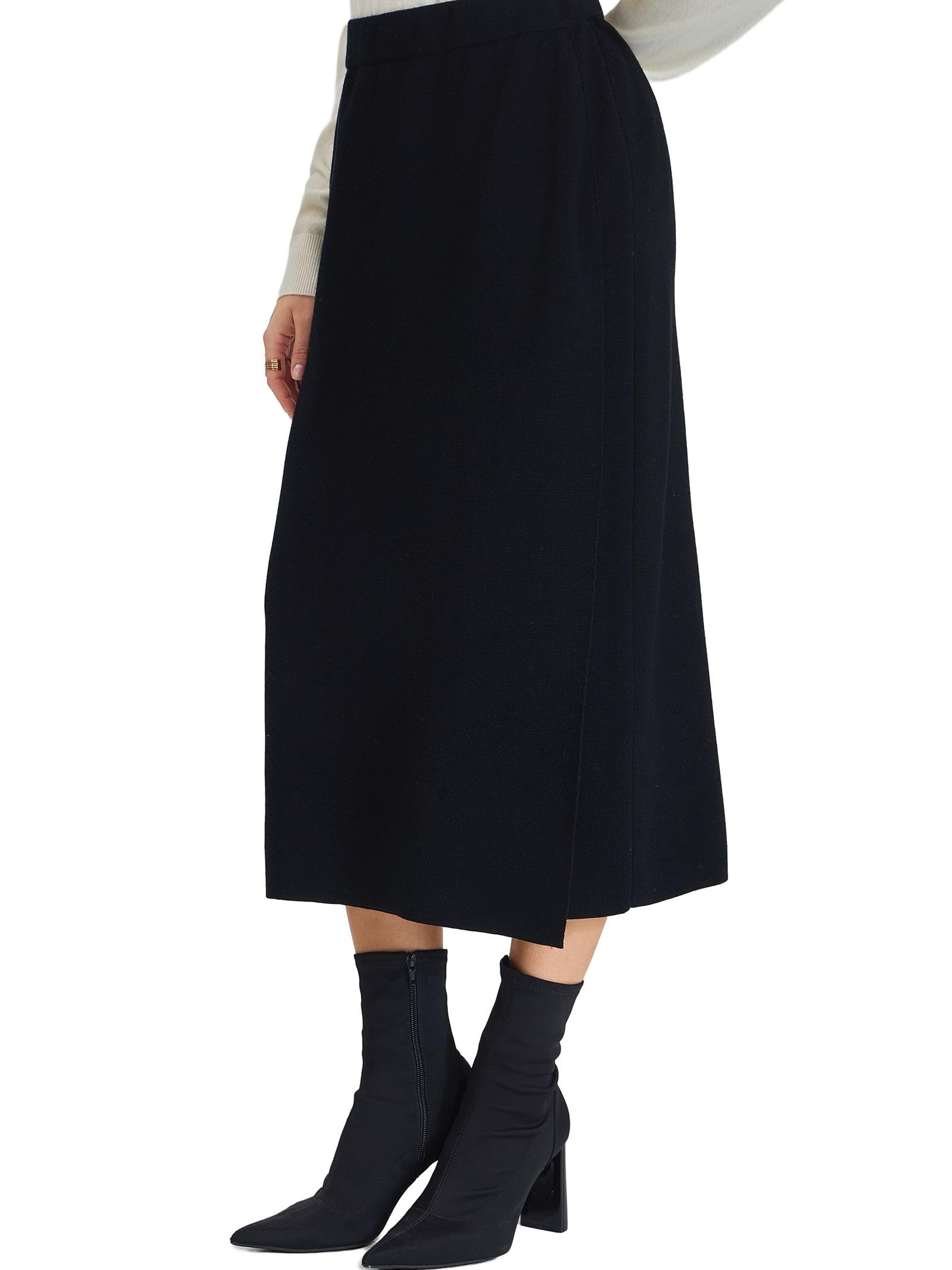Gonna a Maglia Donna in 100% Lana Merino Lavabile in Lavatrice - Vita Alta Midi con Spacco Laterale Taglio Matita ed Elastico