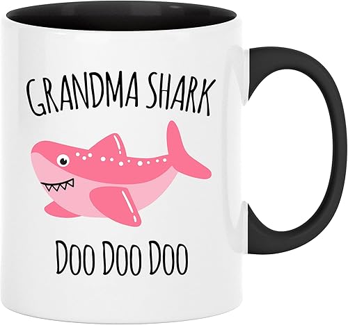 Taza con diseño de tiburón de abuela – Taza de abuela Doo Doo Doo de nietos – Grammy Cumpleaños de 11 oz de dos tonos blanco con mango negro y taza