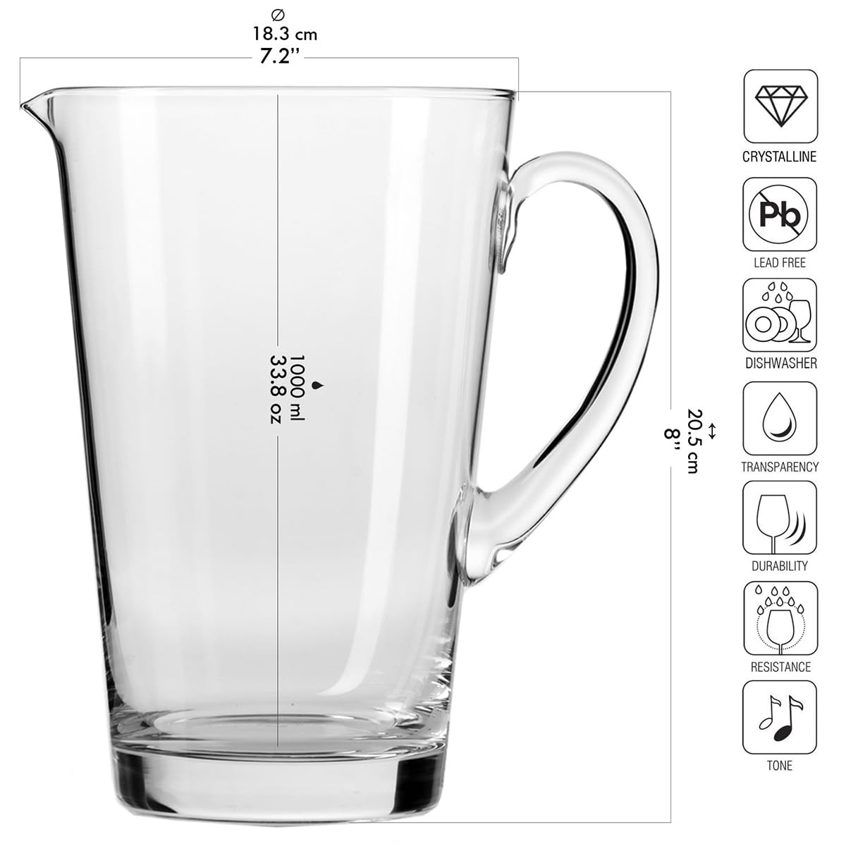 KROSNO Dzbanek do Wody, Soków i Napojów Kolekcja Harmony, 1000 ml | Szkło Kryształowe Bezołowiowe, ręcznie formowany, do wody, soków, lemoniady i napojów, zmywarka