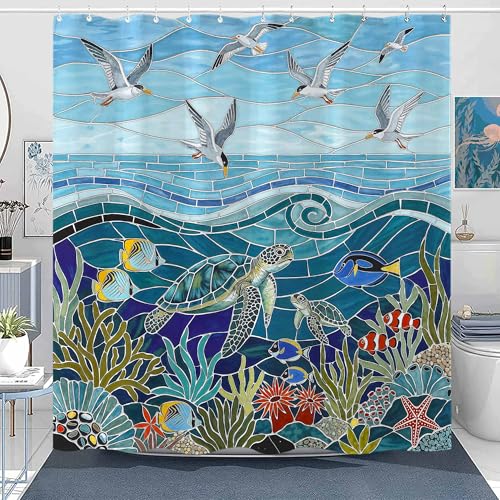 Kanuyee Ocean Life Mosaic Stained Glass Shower Curtain, Nautical Sea Turtle and Seagull Bathroom Decor, Colorful Coral Reef Fabric with 12 Hooks, 72x72 Inch.