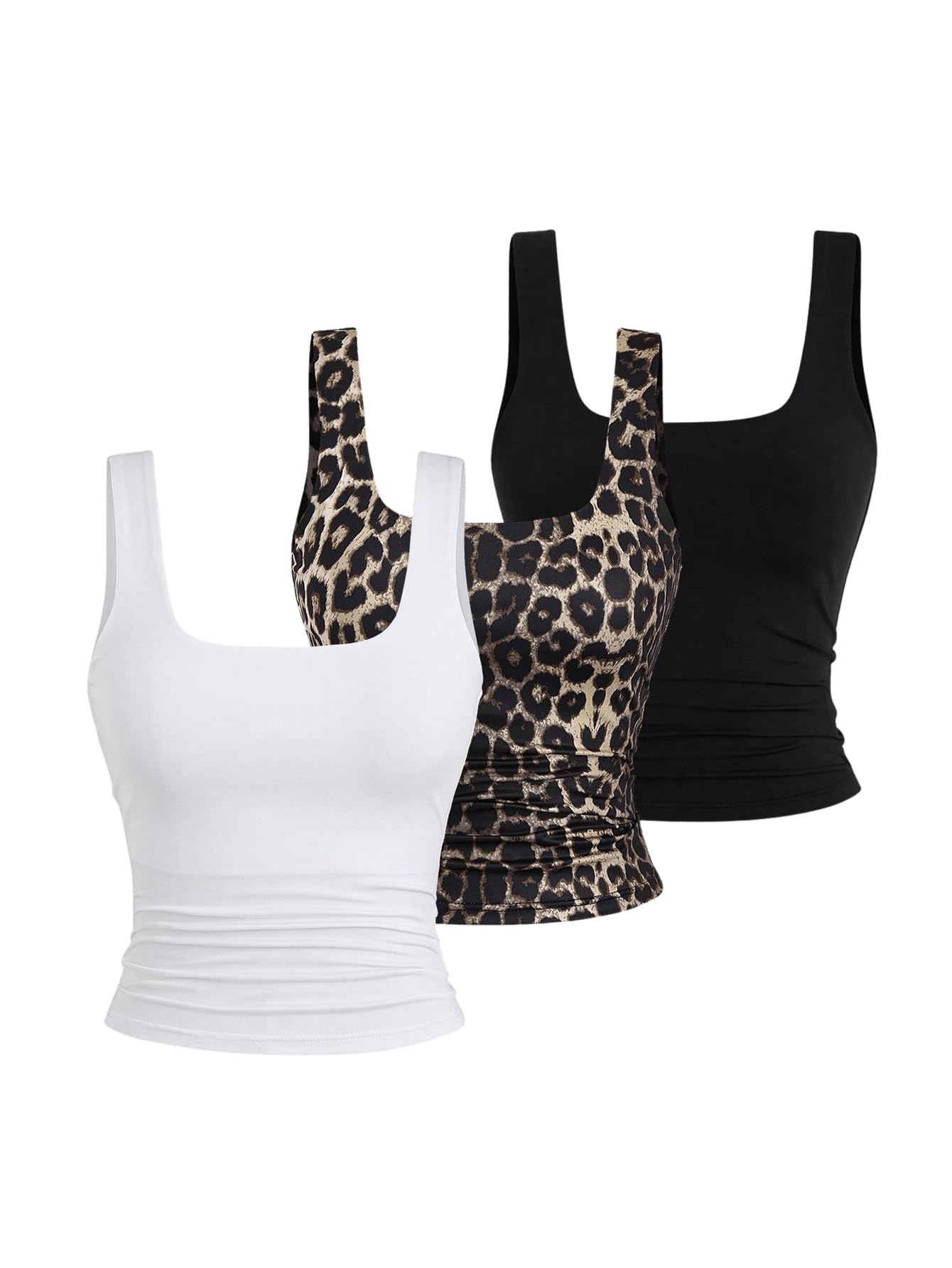 Womens Y2k Double Lined 3 Piece Crop Tank Top Sets Square Neck Sleeveless Ruched Tee Shirt Basic Tops