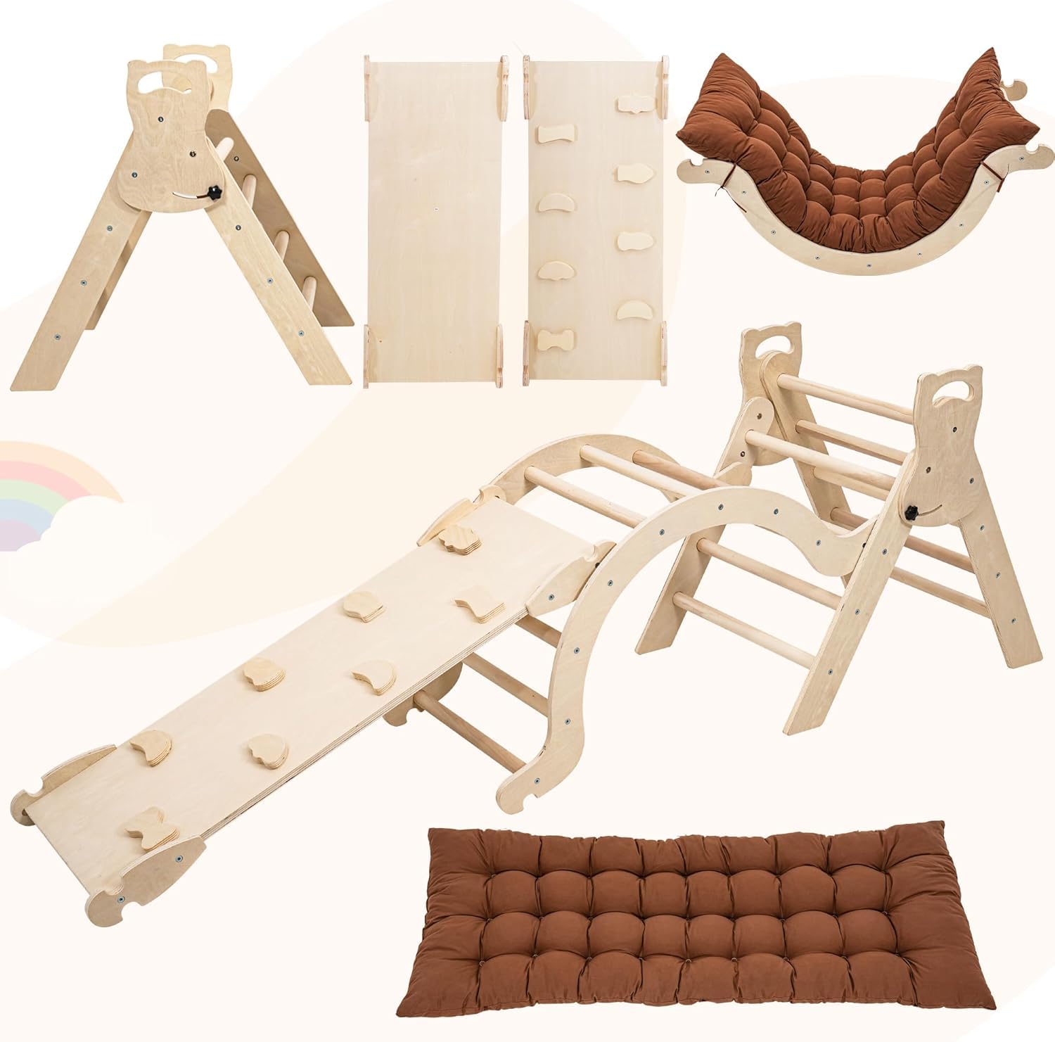 NEOCOZY Pikler Triangle Set with Cushion, Arch and Slide, Toddler Climbing Toys Indoor Playground, Montessori Climbing Set, Indoor Jungle Gym, Wooden Pickler-3 Piece Climbing Gym for Kids 1.5-4yr