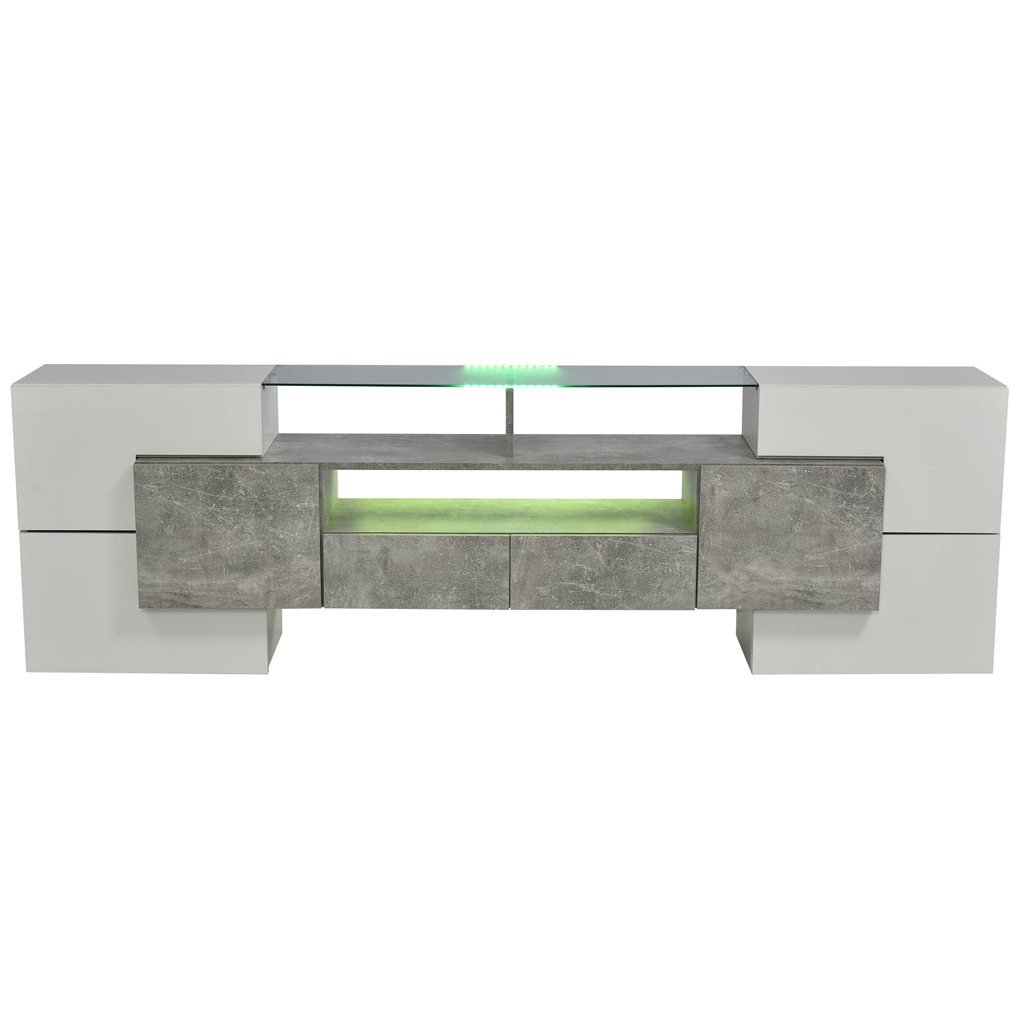 Elegante mueble de TV con panel bajo, color blanco brillante y negro, iluminación LED, elegante acabado en cristal, diseño moderno (blanco brillante y hormigón)