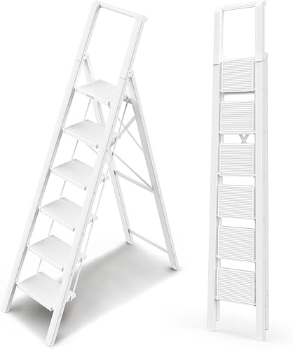WOA WOA Escalera de 6 escalones, escaleras plegables ligeras con pedales anchos, escalera delgada para espacios estrechos, escalera alta para techos