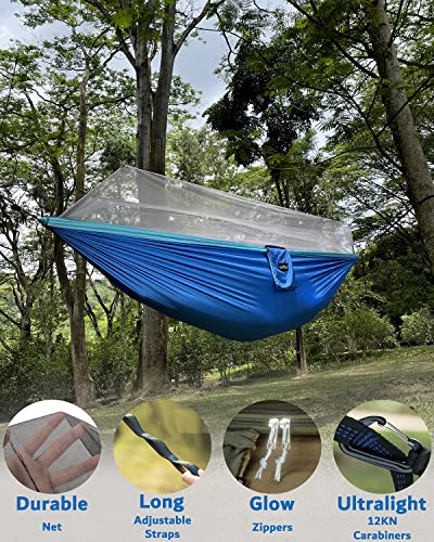 Image of Sunyear Camping Hammock, Portable Single & Double Hammock with Net, 2 Person Hammock Tent with 2 * 10ft Straps, Best for Outdoor Hiking Survival Travel